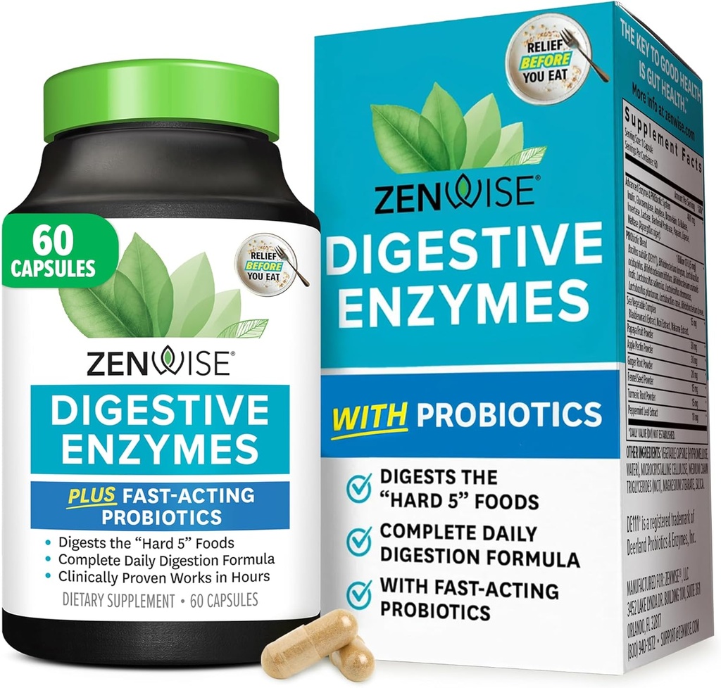 Zenwise Health Digestive Enzymes for Gut Health & Bloating Relief - Multi Enzymes Digestion Supplement with Probiotics, Bromelain & Papaya for Digestive Health Support - Men & Women - 60 Count