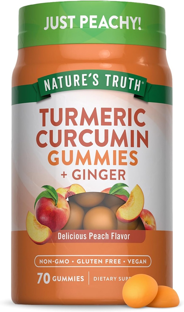 Doğanın Gerçek Turmeric ve Ginger Gummies | 70 Kont | Peach Flavor | Vegan, Non-GMO, & Gluten Free Supplement Supplement Supplement