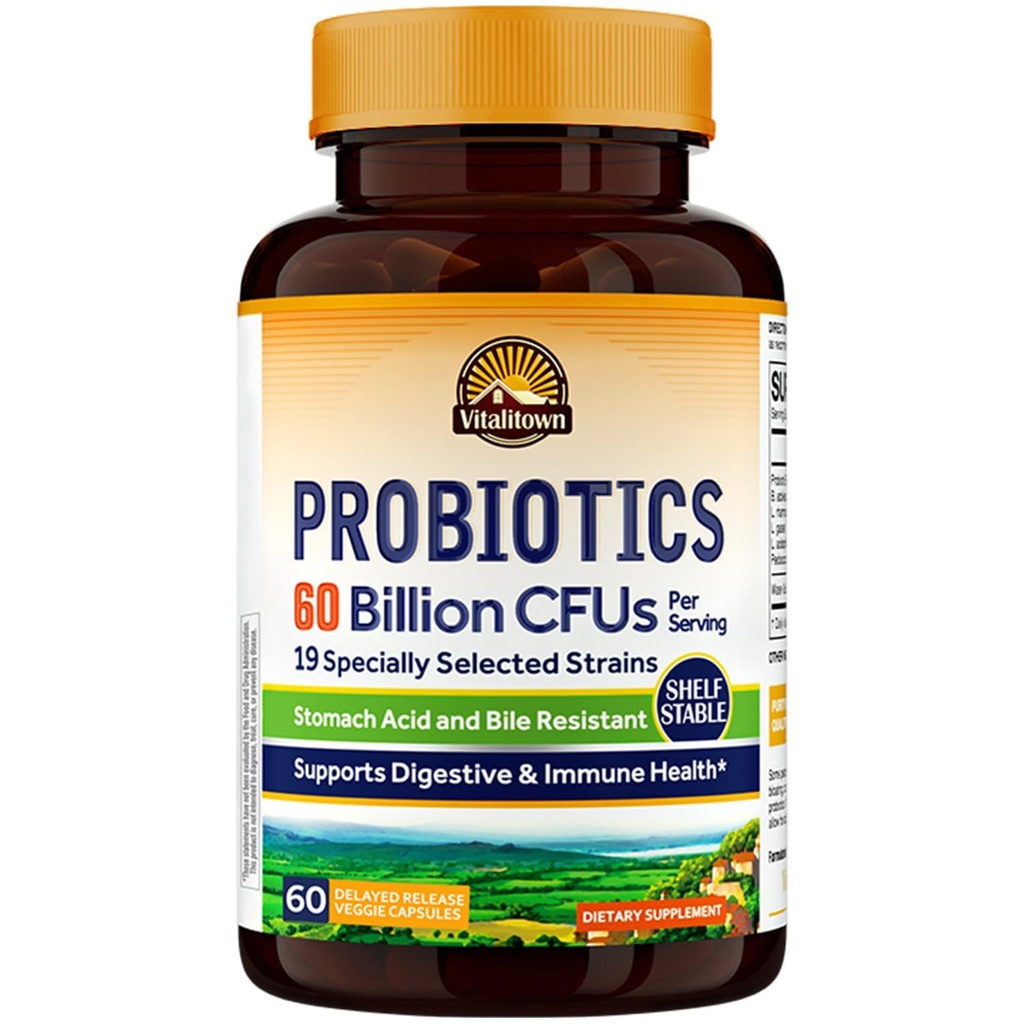 Vitalitown Probiyotiks + Prebiyotiks | 60 Milyar CFUs 19 Strains | 60 Gecikme Veg Caps | Raf Stable, Prebiyotiks and Probiyotiks | Digestive Health, Immune Health | Vegan, Non-GMO, No