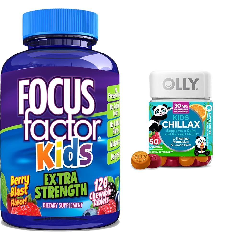 Focus Factor Kids επιπλέον δύναμη καθημερινά μασώμενη υγεία του εγκεφάλου υποστήριξη + OLLY παιδιά chillax ήρεμα μάσημα, 50 κόμης