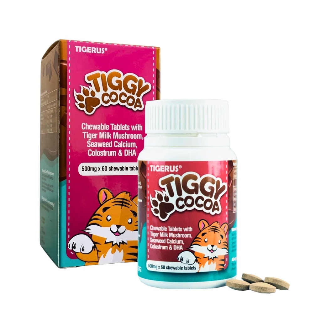 Tiger Milk Mushroom ile TIGGY Cocoa Chewable Tabletler - Delicious, and Nutritious Cocoa-Based Supplement for Energy, Wellness, and General Health – 60 Tablet, Çocuklar & Yetişkinler