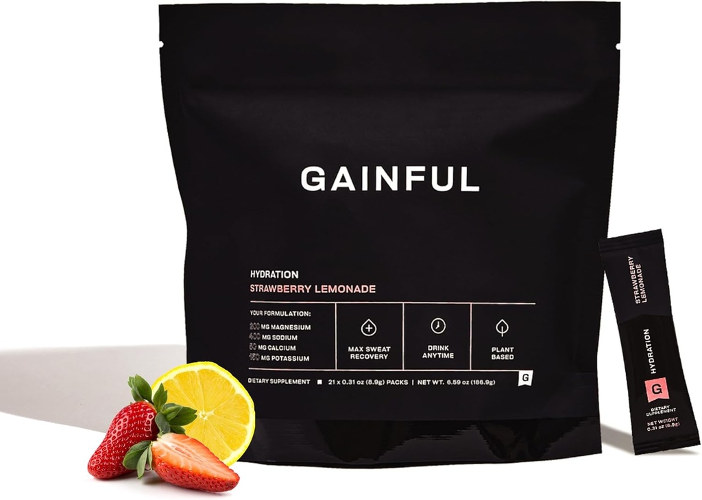 Κερδίστε τα πακέτα σκόνης ενυδάτωσης, χωρίς καφεΐνη με τα βασικά ηλεκτρολυτικά μαγνήσιο και νάτριο, την ενεργειακή υποστήριξη, χαμηλή ζάχαρη, λεμονάδα φράουλα, 21 ραβδιά