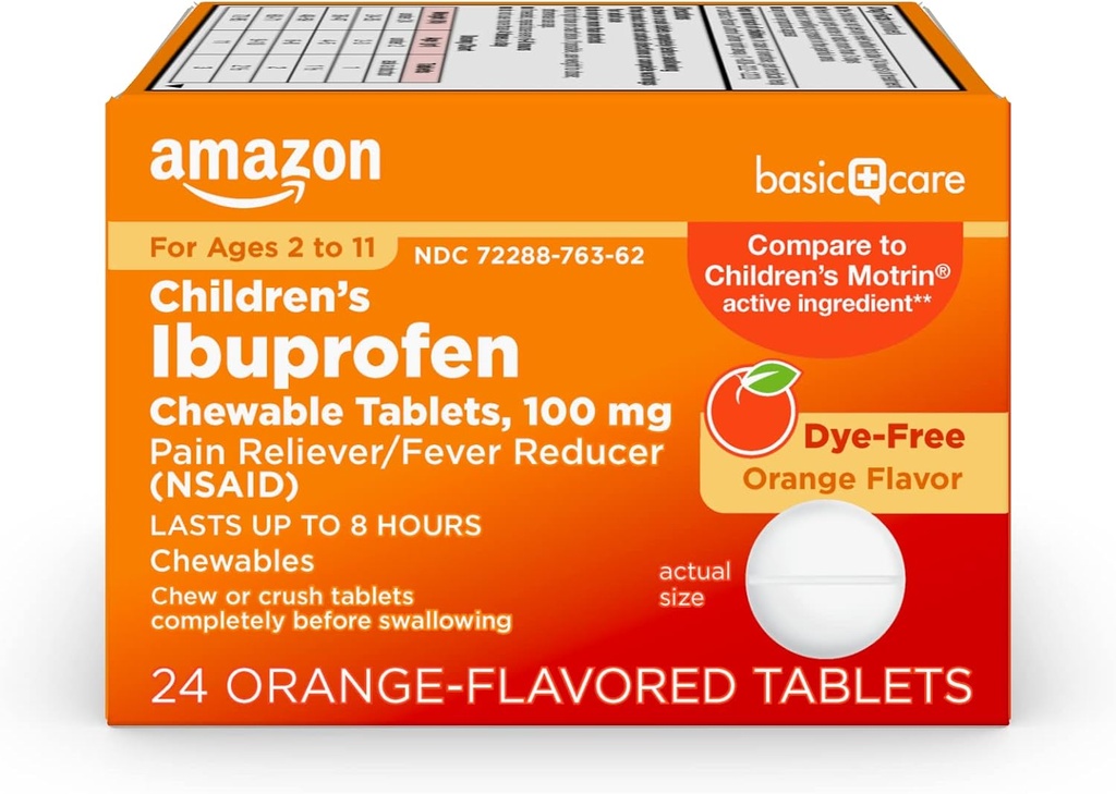 Temel Bakım Çocuklarının Ibuprofen Chewable Tabletleri, Ağrı Reliever ve Ateş Tanımları, Orange Flavor, 2-11, Sons up to 8 Hours, 100 mg, 24 Count
