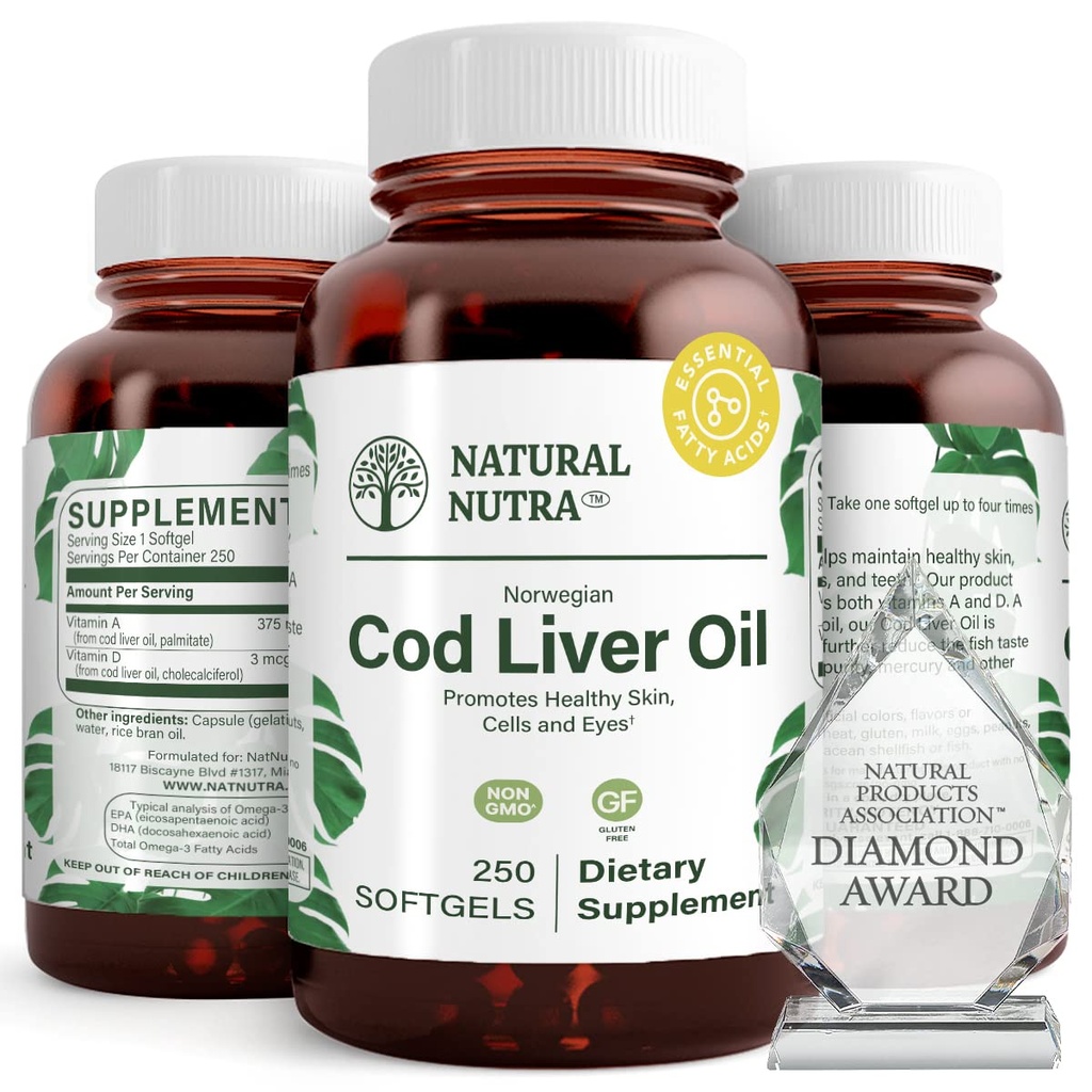 Doğal Nutra Norveçli Cod Liver Oil Supplement, Skin'i korumak için yardımcı olur, Vücut Yoğunluğu, Göz Sağlığı ve Sinir Fonksiyonları, Diş Sağlığı, Destekler Cardiovascular Health, 250 Softgels