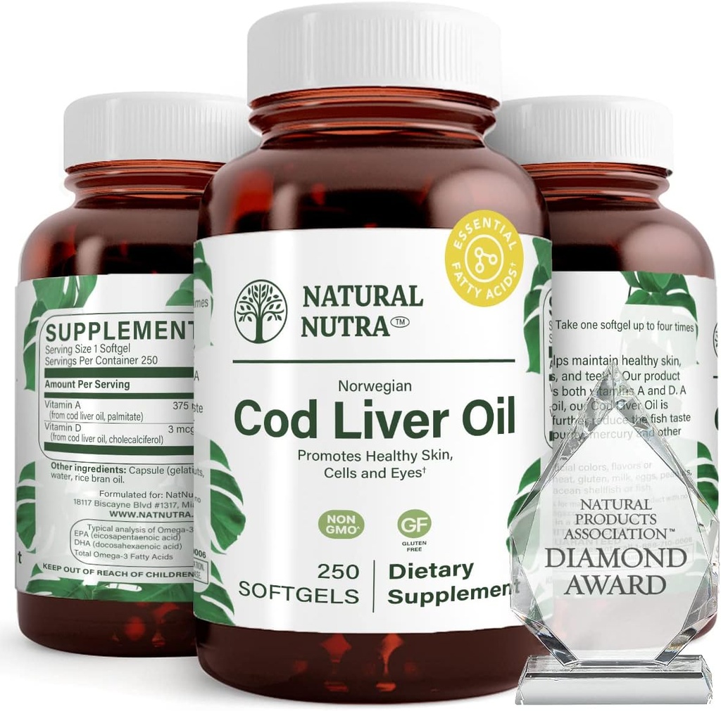 Doğal Nutra Norveçli Cod Liver Oil Supplement, Skin'i korumak için yardımcı olur, Vücut Yoğunluğu, Göz Sağlığı ve Sinir Fonksiyonları, Diş Sağlığı, Destekler Cardiovascular Health, 250 Softgels
