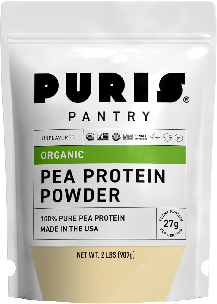 PURIS Organic Pea Protein Powder – USDA Organic Vegan Protein | 27g Plant Protein Per Serving | Non-GMO Gluten-Free Soy-Free | Clean Label | Smooth Taste | Ideal for Shakes, Smoothies, Baking | 2 lb