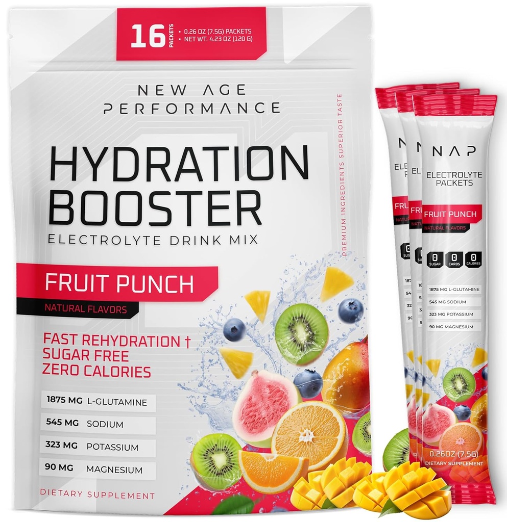 Yeni Çağ Performansı Hydration Packets, Electrolytes Toz, Sıvıhidrasyon Yardımı için L-Glutamine Amino Asits for Muscle Workout Recovery, Sugar Free & 0 Calorie, 16 Sticks (Fruit Punch)