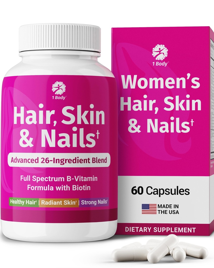 1 Body Hair Skin and Nails Vitamins with Biotin – Hair Growth Supplement for Women & Men with 26 Vitamins, Minerals & Herbal Extracts – Stronger Hair, Healthy Skin & Nails – 60 Vegan Capsules