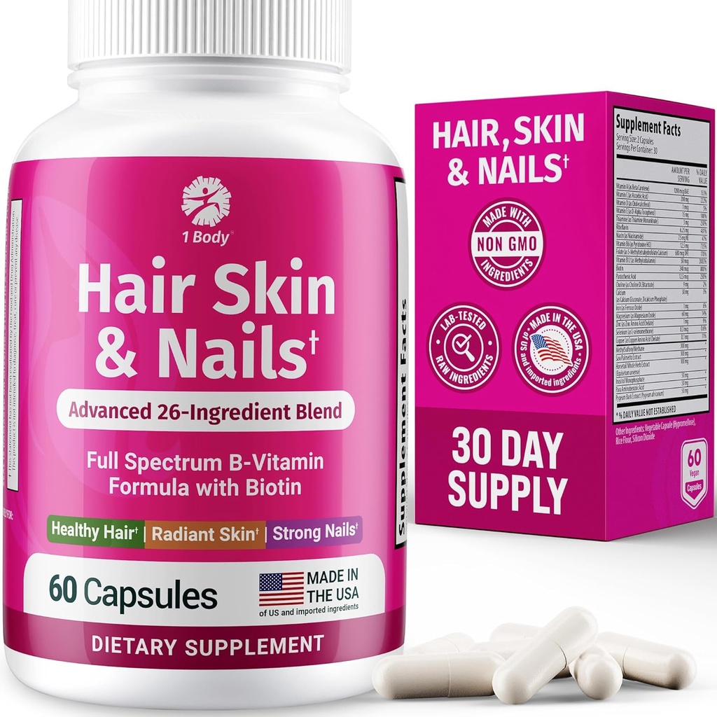 1 Body Hair Skin ve Nails Biotin ile Vitaminler - 26 Vitaminli Kadınlar ve Erkekler için Saç Büyüme Tamamı, Mineraller ve Herbal Türleri - Güçlü Saçlar, Sağlıklı Cilt & Çiçekler - 60 Vegan Capsules
