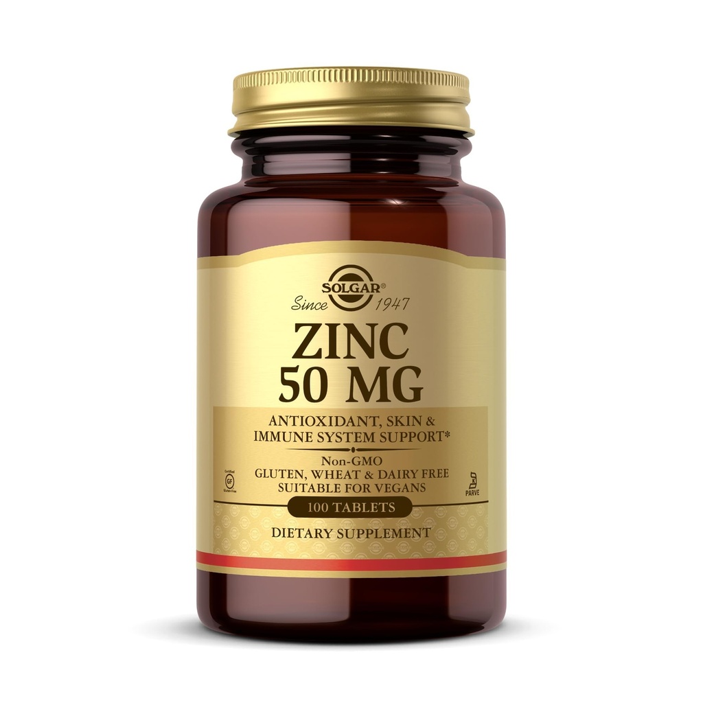 Solgar Zinc 50 mg, 100 δισκία - Ψευδάργυρος για υγιές δέρμα, γεύση & όραση - ανοσοποιητικό σύστημα & αντιοξειδωτική υποστήριξη - Υποστηρίζει την ανάπτυξη κυττάρων & DNA Σχηματισμός - Μη ΓΤΟ, Vegan, Χωρίς γλουτένη - 100 εξυπηρετήσεις