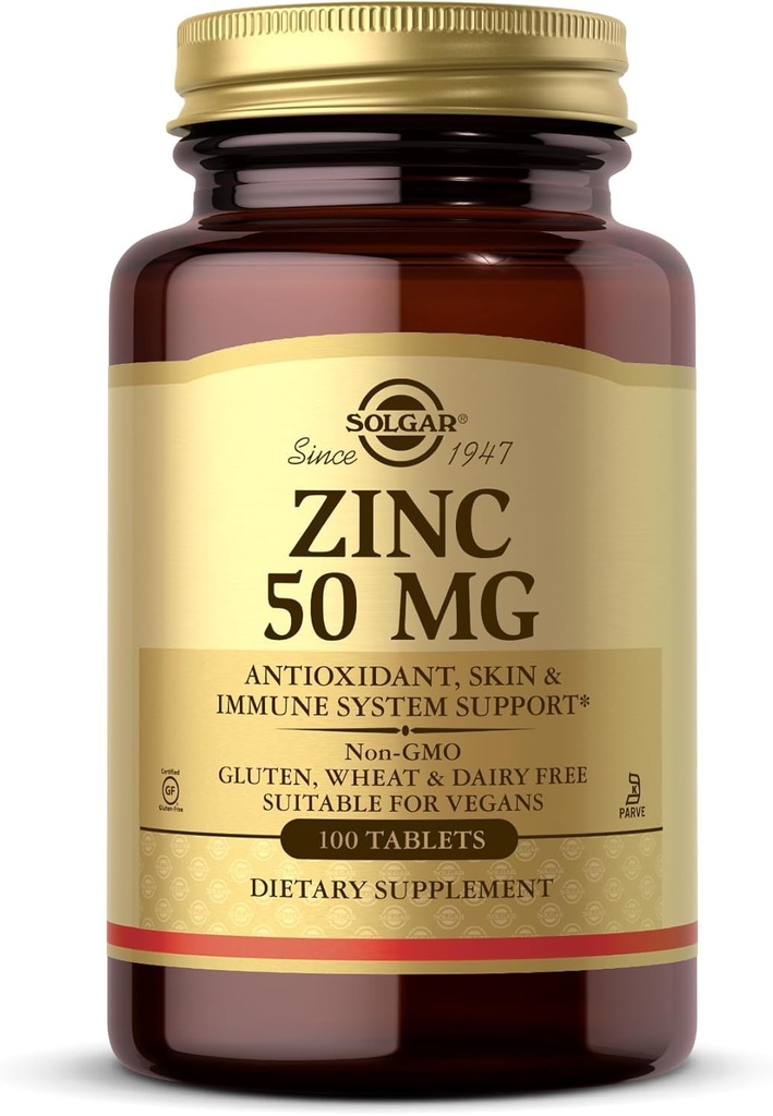 Solgar Zinc 50 mg, 100 δισκία - Ψευδάργυρος για υγιές δέρμα, γεύση & όραση - ανοσοποιητικό σύστημα & αντιοξειδωτική υποστήριξη - Υποστηρίζει την ανάπτυξη κυττάρων & DNA Σχηματισμός - Μη ΓΤΟ, Vegan, Χωρίς γλουτένη - 100 εξυπηρετήσεις