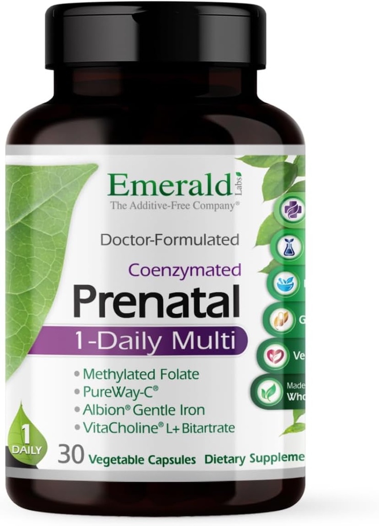 Emerald Laboratuvarlar Prenatal 1-Daily Multi - Prenatal Multivitamin with Metilated Folate, Iron, Whole-Food Mix & More - Soy-Free, Gluten-Free - 30 Sebze Capsules