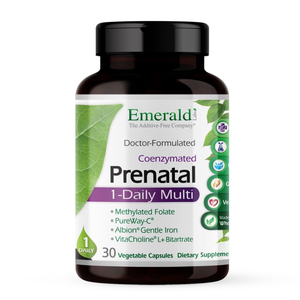 Emerald Laboratuvarlar Prenatal 1-Daily Multi - Prenatal Multivitamin with Metilated Folate, Iron, Whole-Food Mix & More - Soy-Free, Gluten-Free - 30 Sebze Capsules