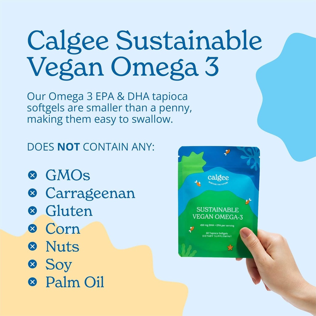 Calgee Vegan Omega 3-450mg DHA & EPA Λιπαρά Οξέα - Βιώσιμο Έλαιο Φυκιών - Φυτικό Λάδι Εναλλακτικό - Carragenan-Free Softgels (60 Ct)