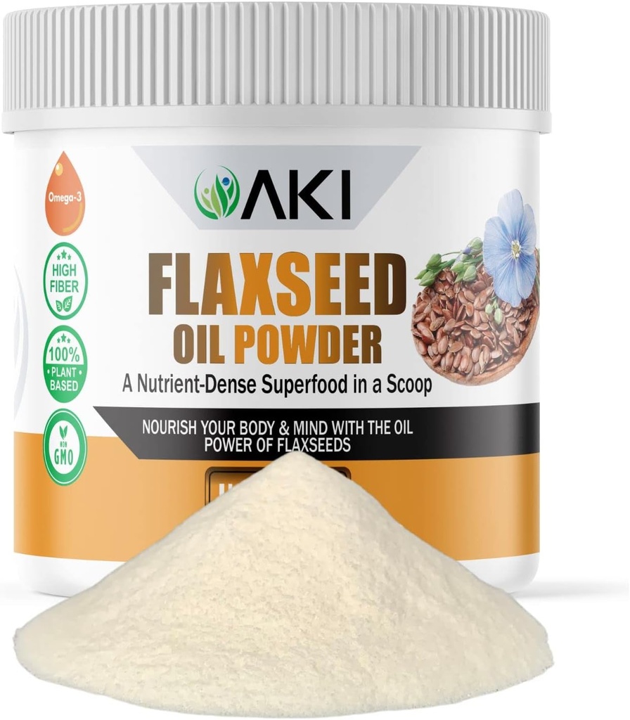 AKI Flaxseed Oil Powder - Συσκευασμένο με Απαραίτητα θρεπτικά συστατικά όπως Ωμέγα-3 Λιπαρά οξέα, Ίνες, & Λιγνοί - Δωρεάν από Τεχνητές Πρόσθετες, Κατασκευασμένες με Ιδανικά Συστατικά Ποιότητας (5.30oz/150g)