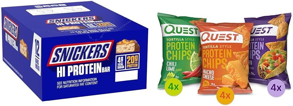 SNICKERS Hi protein Peanut Caramel Bar Bulk Box, Quest Tortilla Protein Chips Çeşitli Paket