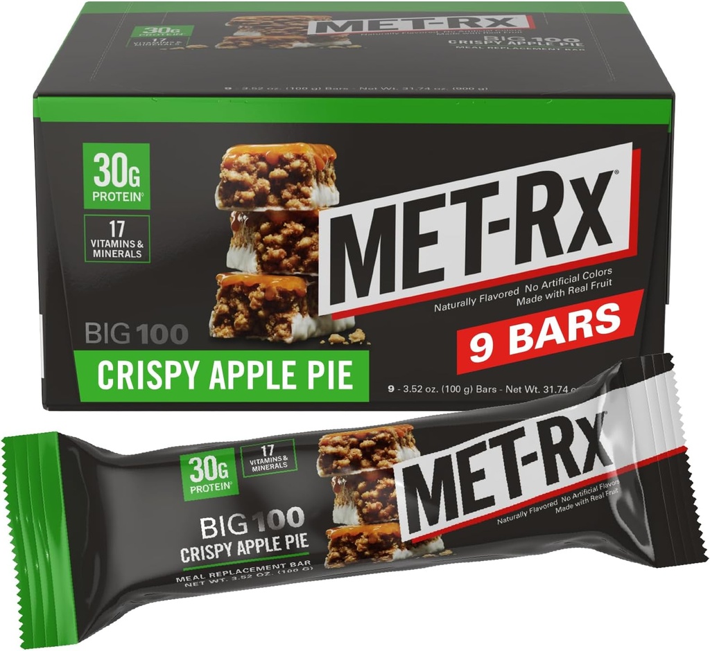 MET-Rx Big 100 Colossal Protein Bars, Crispy Apple Pie Meal Change Bars, 9 Count