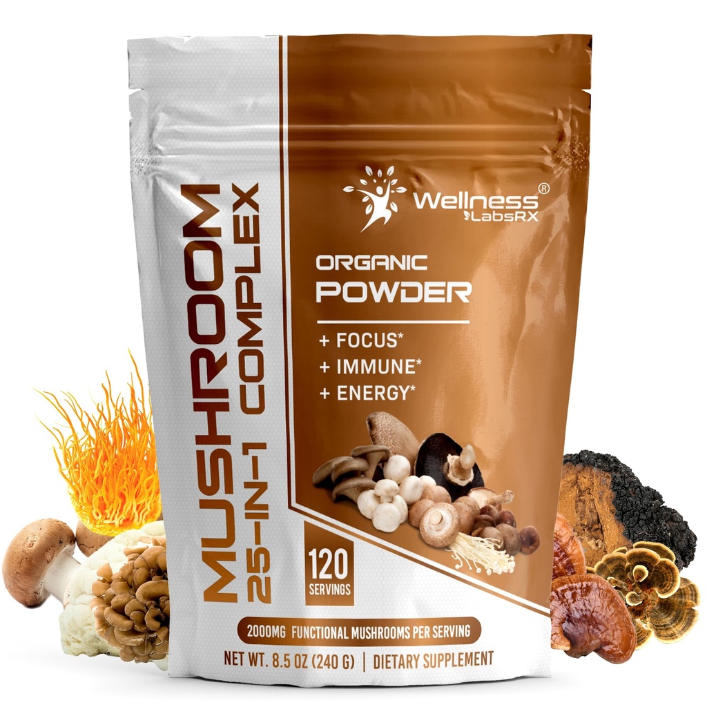 WELNESS LABSRX Mushroom Powder, 25 in 1 Mushrooms Supplement - 2000mg, 25 Superfood Mishroom Lions Mane Powder with Chaga, Shiitake, Cordyceps, Reishi - Mane Mushroom - 120 Servings
