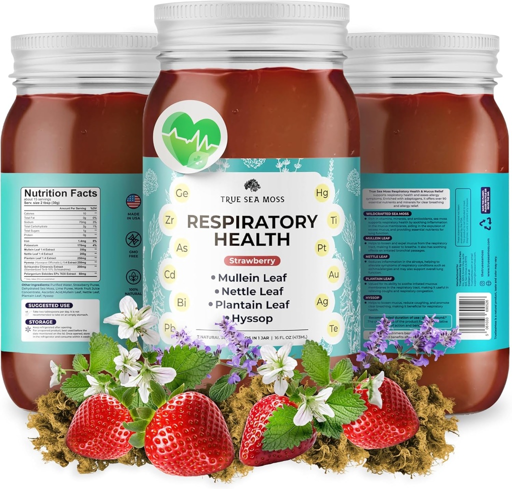 TrueSeaMosss Pro-Line Gel - Respiratory Health - 5+ Flavors - Meyve Gel Premium Sea Moss & P Properties - Vegan-Friendly - Vitamin & Mineral Rich Supplement - ABD'de Made (Strawberry, Pack of 1)