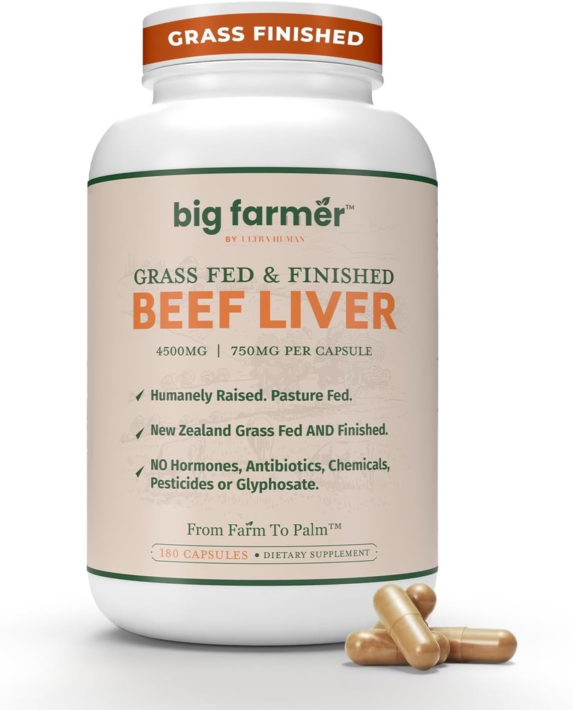Ultra Human Big Farmer Grass-Fed & Finished Beef Liver Capsules – 180 Ct, Υποστηρίζει την ενέργεια, Detox, Digestion & Immunity, Μη-GMO Αποξηραμένο Beef Organ Supplement for Liver Health & Full-Body Wellness
