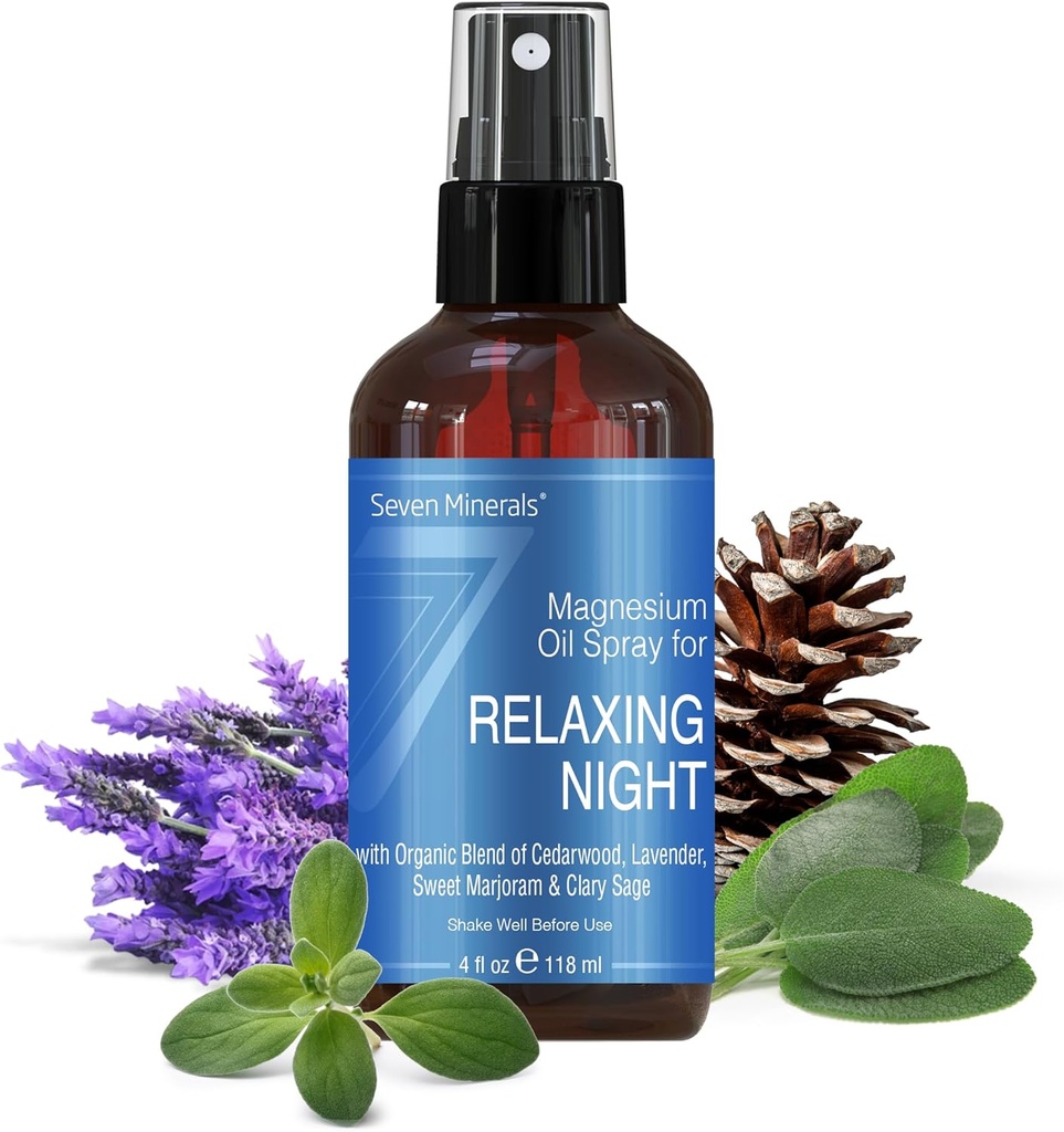 Yedi Minerals Relaxing Night Magnezyum Spray, Essential Oils (Cedarwood, Lavendar, Sweet Marjoram ve Clary Sage) 4 fl ozzz