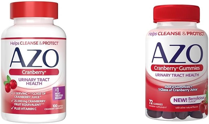 AZO Cranberry urinary Tract Health Supplement Softgels & Gummies, 1 Softgel/Gummy = 1 γυάλινος χυμός Cranberry, χωρίς ζάχαρη, μη GMO, 100 Softgels & 72 Gummies
