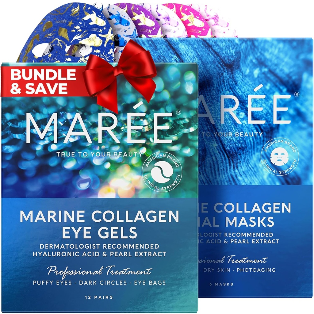 MAREE Eye Gels & Face Masks Sche - Under Eye Gels for Puffy Eyes and Dark Circles, Sheet Moisturizing Maskes - Marine Collagen & Hyaluronic Acid, Green & Red Algae Ekstraksiyon - For All Skin Type