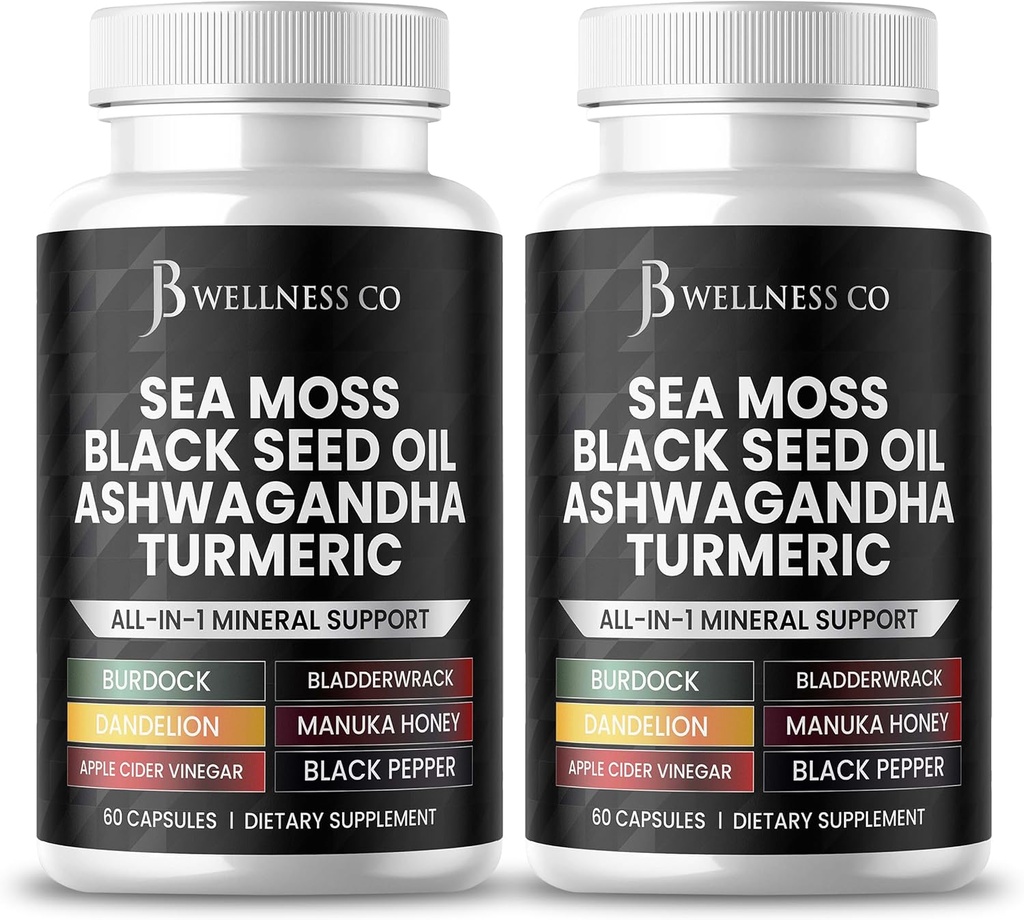 Sea Moss Black Seed Oil Ashwagandha Turmeric Bladderwrack Burdock - Manuka, Honey Dandelion, ACV Black Pepper Gluten Free- 120 Count Count Count Count