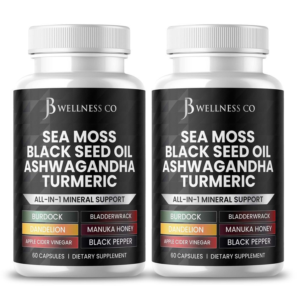 Sea Moss Black Seed Oil Ashwagandha Turmeric Bladderwrack Burdock - Manuka, Honey Dandelion, ACV Black Pepper Gluten Free- 120 Count Count Count Count
