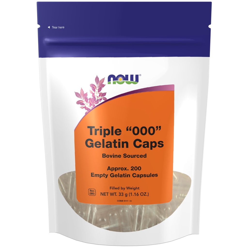 NOW Συμπληρώματα, Empty Gelatin κάψουλες, Triple "000", Βοοειδή που προέρχονται, συμπληρώνεται με το βάρος, 200 Gel κάψουλες