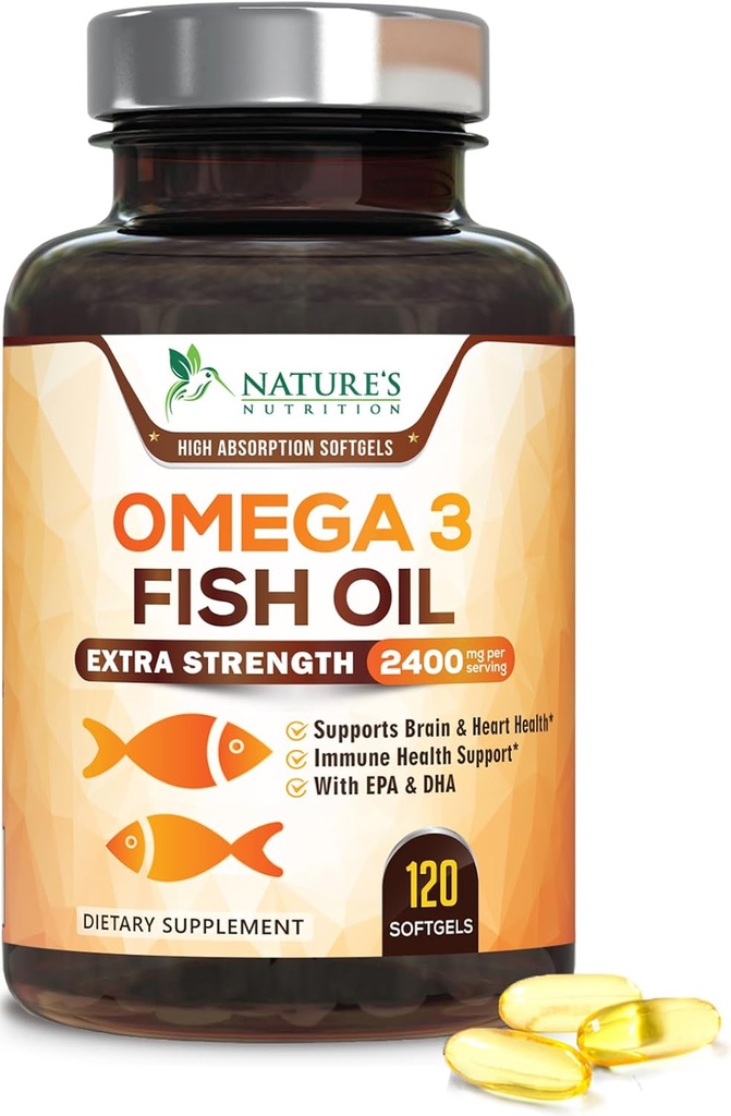 Ωμέγα 3 Fish Oil 2400 mg – Τριπλή δύναμη EPA & DHA λιπαρά οξέα για την καρδιά, τον εγκέφαλο και κοινή υποστήριξη – Wild-Caught, Burpless, συμπλήρωμα γεύσης λεμονιού – φυσικό, μη-GMO, χωρίς γλουτένη – 120 Softgels