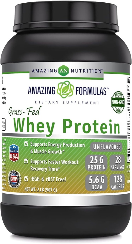 Amazing Formulas Grass-Fed Whey Protein Toz | 25 Grams Protein Tamam | Doğal Tatlıcı ve Flavor | BCAA & EAA | ABD'de Yapılacaklar (2 Lb, Unflavored)