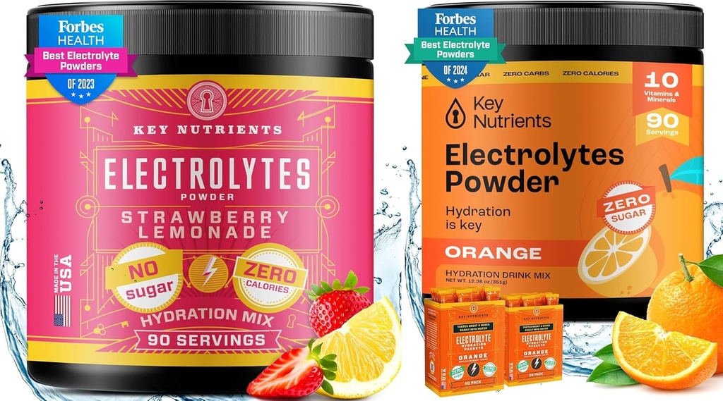KEY NUTRIENTS Electrolytes & Multivitamin Hydration Toz Sche – Juicy Strawberry Lemonade & Tangy Orange Electrolyte Tozlar (90 Her Şeye Hizmet Ediyor) – Sugar-Free, Keto-Friendly, No Calories