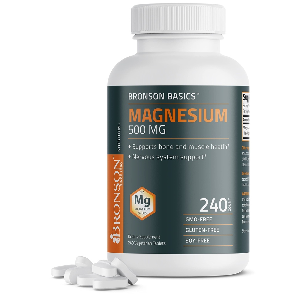 Bronson Μαγνήσιο 500 MG υποστηρίζει την υγεία των οστών και των μυών & το νευρικό σύστημα Υποστήριξη - μη ΓΤΟ, 240 χορτοφαγικά δισκία