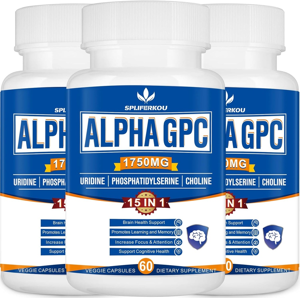 15in-1 Alpha GPC Supplement with Phosphatidylserine, Uridine, L-Theanine, Lion's Mane Mushroom, 180 Capsules