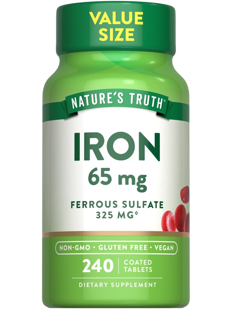 Doğanın Gerçek Demir Tabletleri 65 mg | 240 Kont | 325 mg Ferrous Sulfate | Vegan, Non-GMO & Gluten Ücretsiz Supplement Supplement