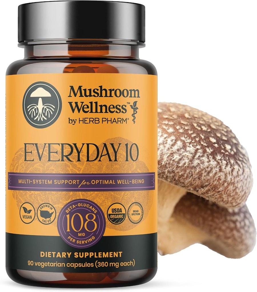 Mushroom Wellness Everyday 10: Οργανικές κάψουλες 10-σε-1 Mushroom με Mane, Shiitake, Reishi, Turkey Tail & More, Mushroom Powder Supplement, Ανοσοποιητικό & Νευρικό Σύστημα Υποστήριξη, 90 Vegan Κάψουλες
