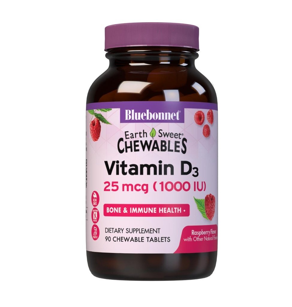 Bluebonnet Beslenme DünyaSweet D3 1000IU - Bone & Immune Support Supplement - Kadınlar ve Erkekler için Raspberry Chewable Vitamin D Supplement - Soy-Free, Gluten-Free, Non-GMO - 90 Tabletler
