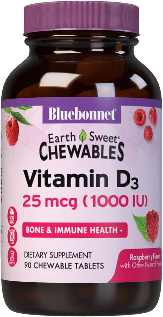 Bluebonnet Beslenme DünyaSweet D3 1000IU - Bone & Immune Support Supplement - Kadınlar ve Erkekler için Raspberry Chewable Vitamin D Supplement - Soy-Free, Gluten-Free, Non-GMO - 90 Tabletler