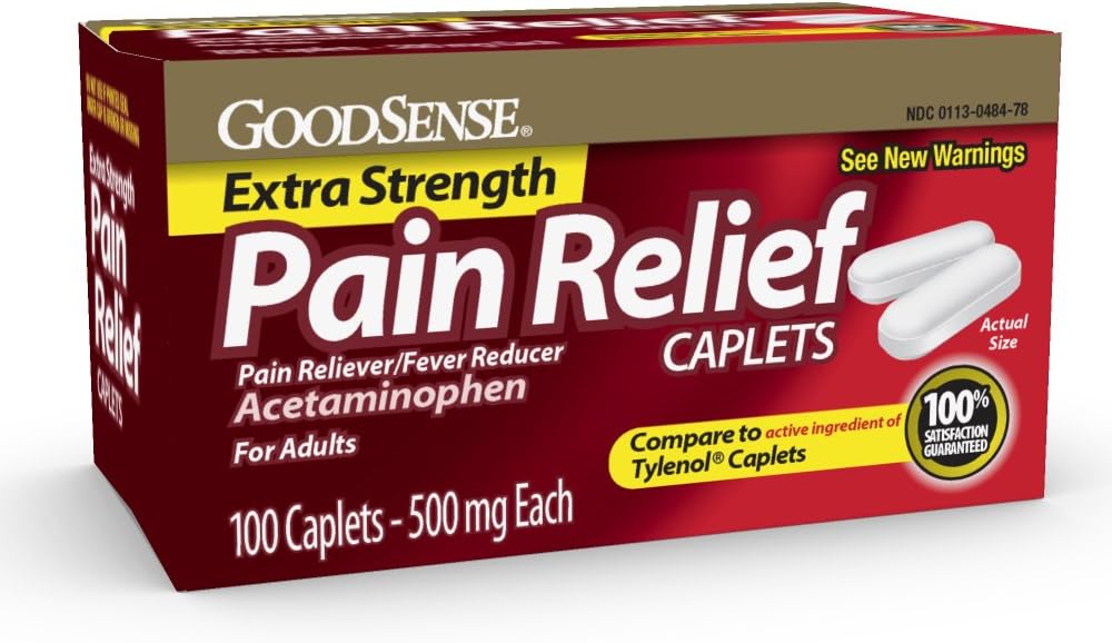 GoodSense Extra Strength Pain Relief - Acetaminophen Caplets 500 mg - Headache, Muscle Ache, Arthritis Relief, 100 Count Count