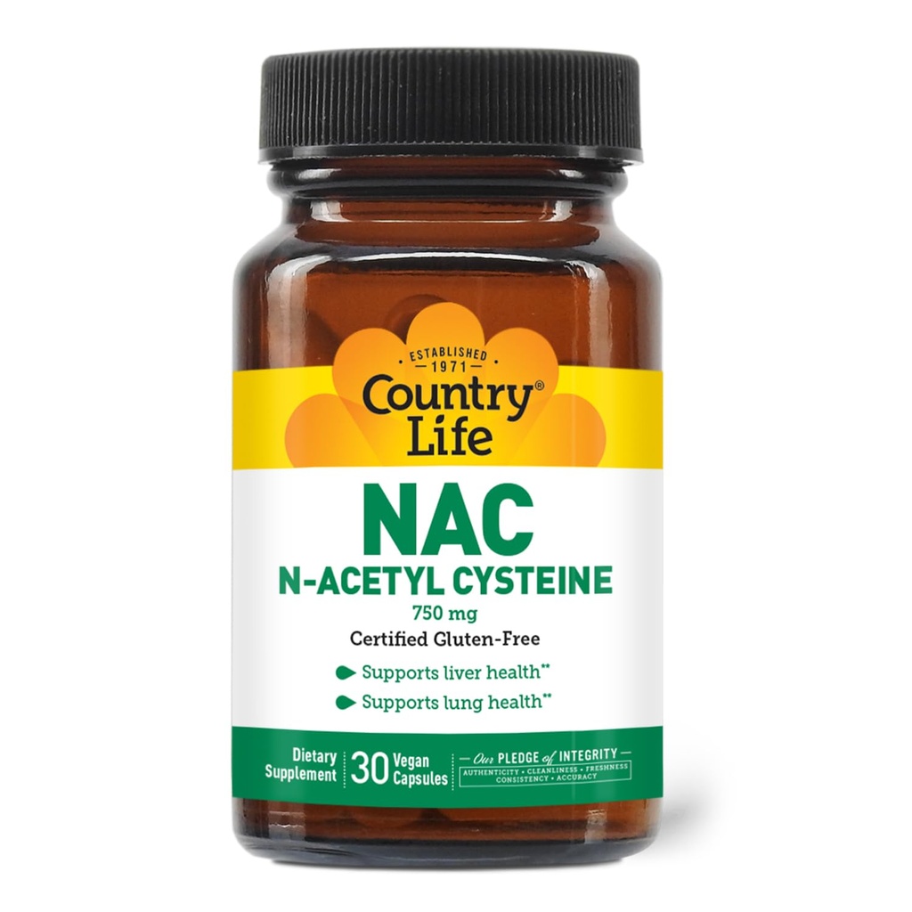 Country Life N-Acetyl Cysteine (NAC) 750 mg – Premium Liver Support and Lung Health Supplement – Ισχυρή Αντιοξειδωτική Προστασία, Αποτοξίνωση του ήπατος & Καθαρισμός, Ανοσοποιητική Υποστήριξη, 30 Καψάκια Χορτοφαγικής