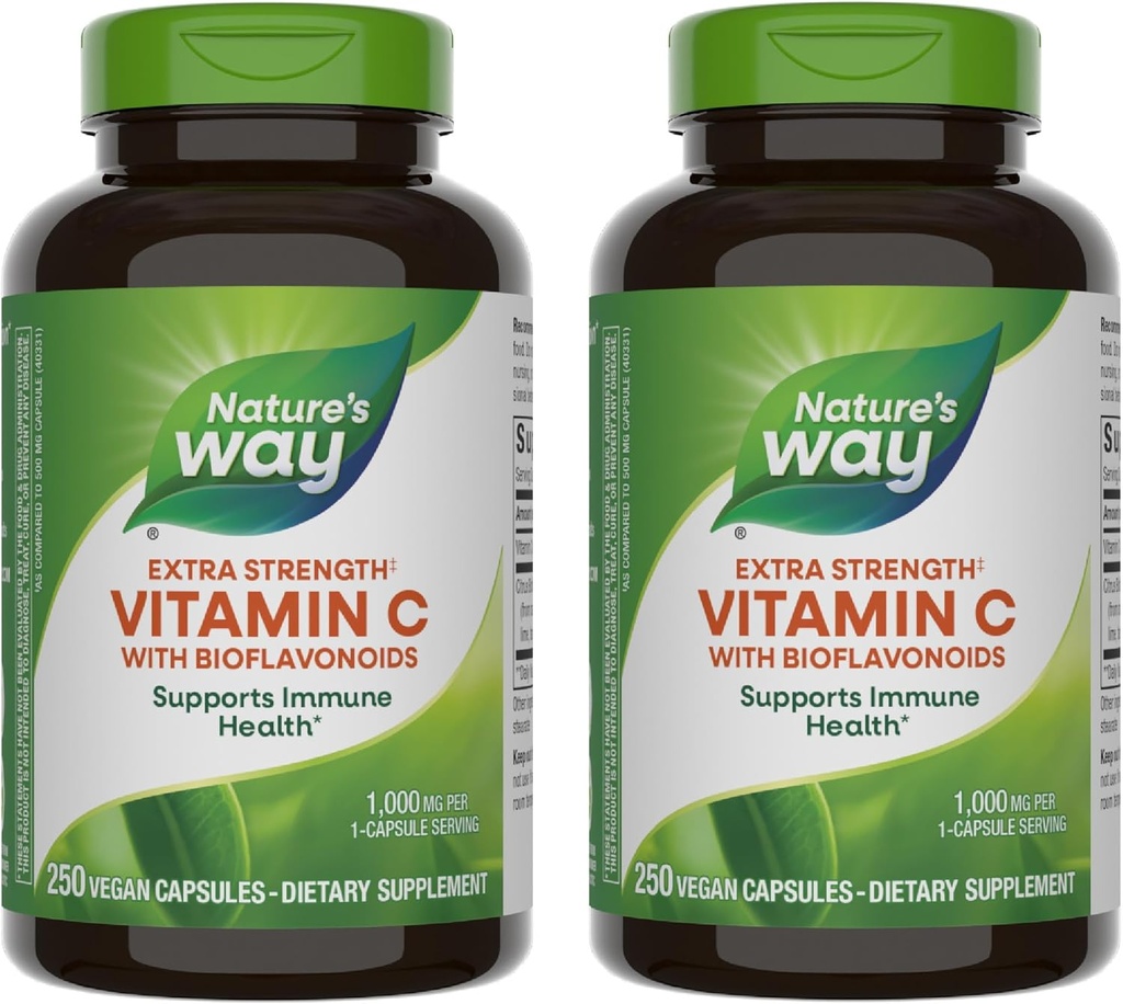 Nature's Way Extra Strength(1) Βιταμίνη C με Βιοφλαβονοειδή, Υποστηρίζει την Ανοσολογική Υγεία*, Προάγει την Παραγωγή Κολλαγόνου για Υγιές Δέρμα *, 1.000 mg ανά Καψάκιο, 250 Κάψουλες Βέγκαν (Packaging May Vary)
