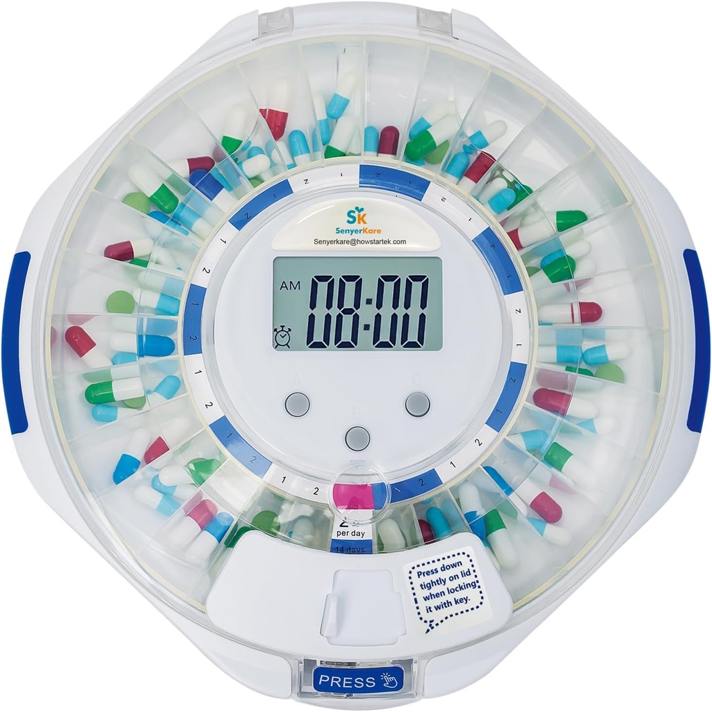 SenyerKare 28-Day Automatic Pill Dispenser with Alarm & Alzheimer’s Care, Medication Organizer w/Easy-Read LCD Display, Sound & Light & Key Alerts for Medication, Vitamins, Supplements, Clear Lid