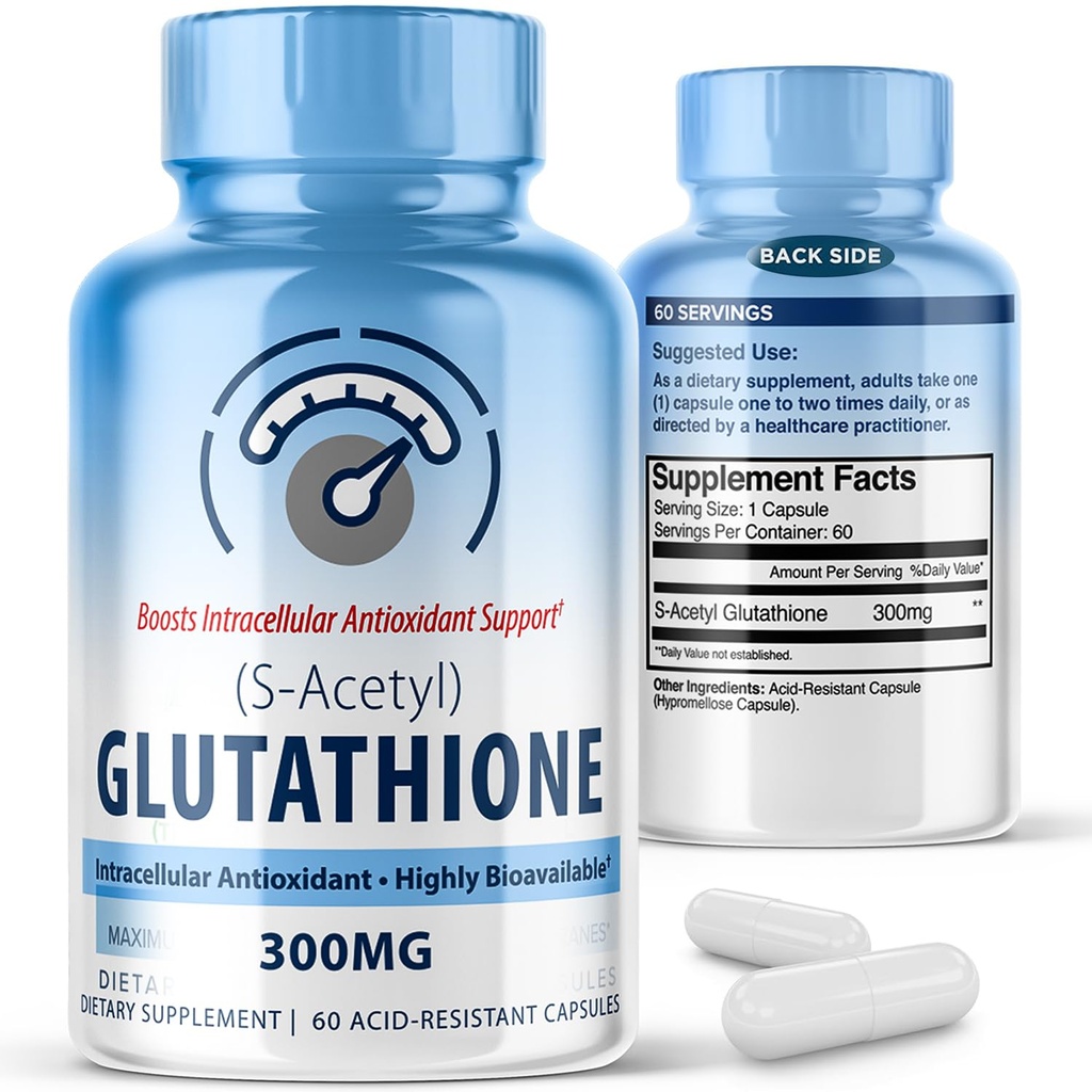 S-Acetyl L-Glutathione 300 mg - 60 Asit-Resistant Capsules, High Bioavailability S Acetyl Glutathione Supplements for Liver & Skin Health, Supplement Antioksi Support Capsules