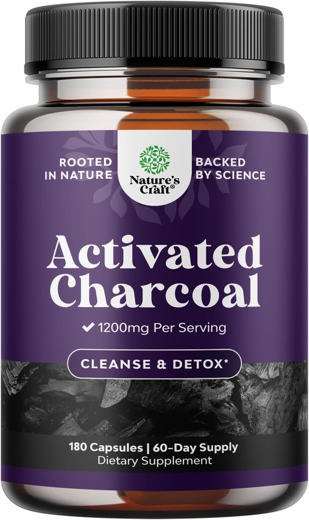 Natures Craft Aktif Charcoal Pills Detox & Cleanse - Puring Coconut Capsules 1200 mg Per Bloating Relief - Active Detox Supplement for Body & Gut Health - Count