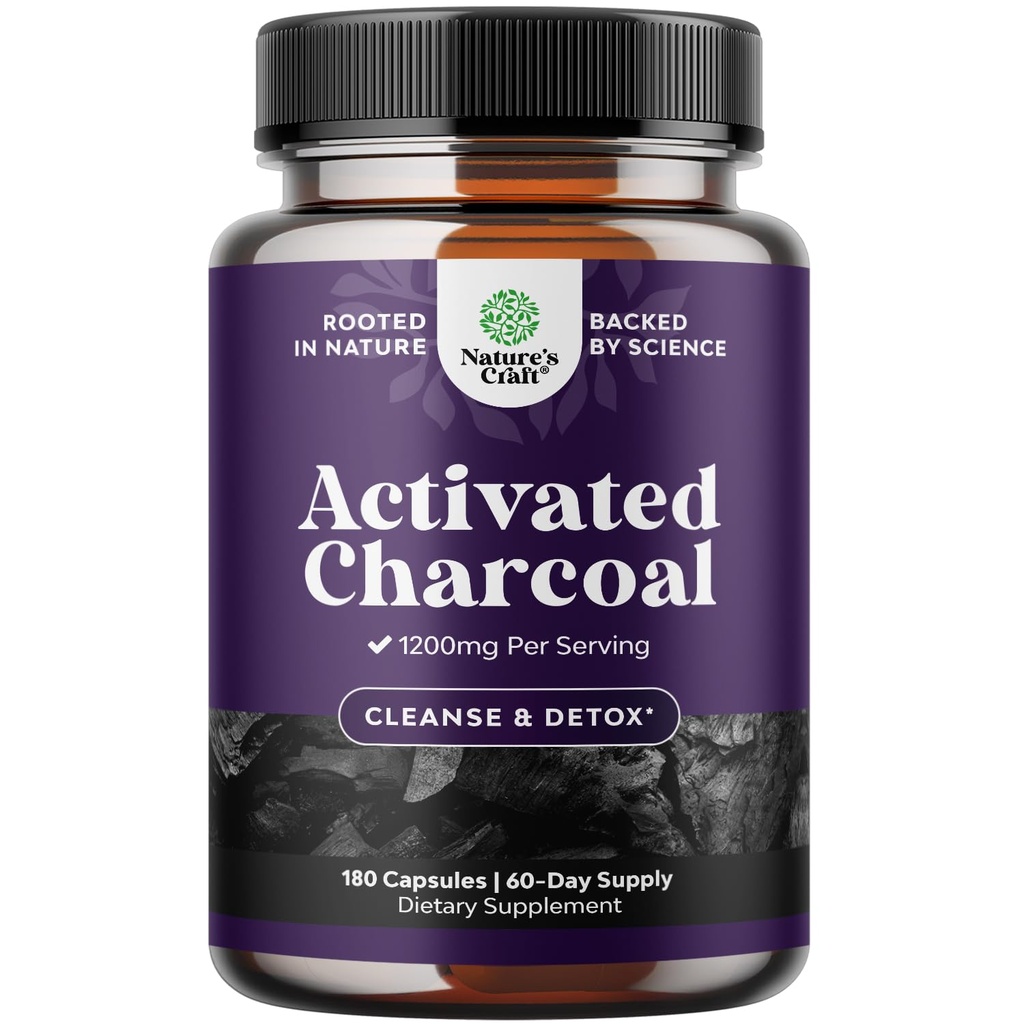 Natures Craft Aktif Charcoal Pills Detox & Cleanse - Puring Coconut Capsules 1200 mg Per Bloating Relief - Active Detox Supplement for Body & Gut Health - Count