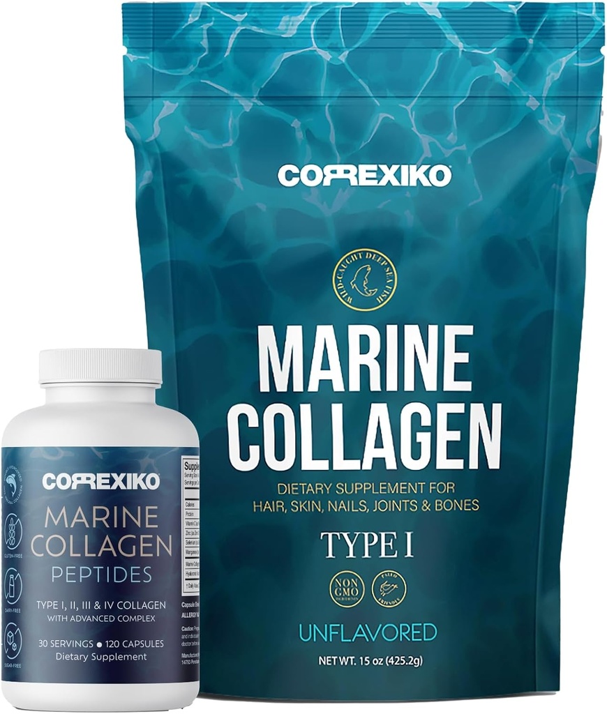 CORREXIKO Marine Collagen Supplement Pills & Powder Bundle 1 Month Supply - Includes 10,000mg Double Hydrolyzed Collagen Powder 15oz & 1800mg Collagen Peptides 120 Capsules - for Hair, Skin & Nails