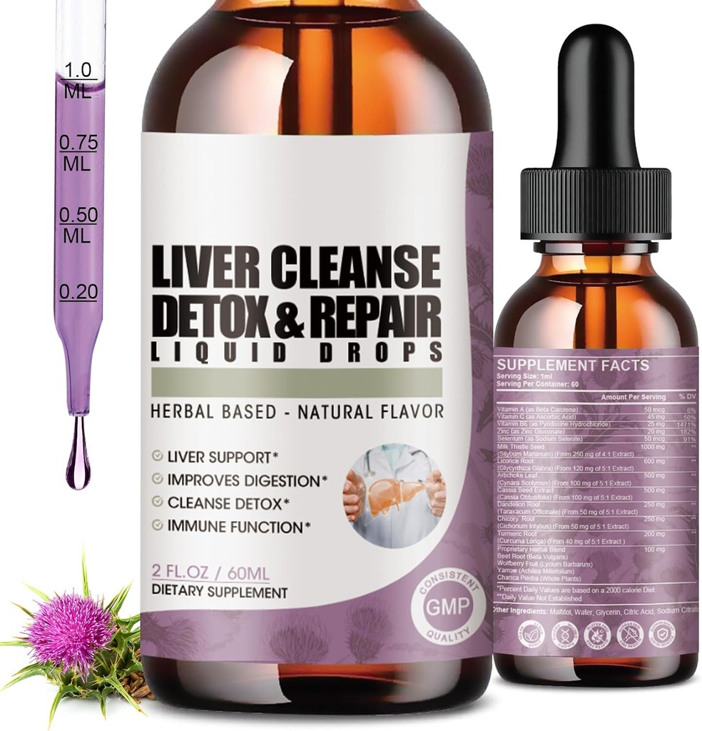 2 Πακέτο Liver Cleanse Detox & επισκευή υγρών σταγόνων με γαϊδουράγκαθο γάλακτος, εκχύλισμα Artichoke, συμπλήρωμα ήπατος για την καθαριότητα ήπατος & Detox, αντιοξειδωτικό, Digestive Υποστήριξη,Vegan - 4 Fl Oz