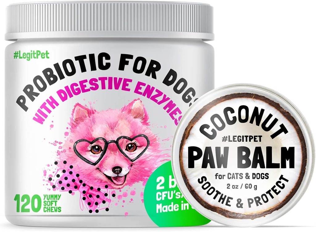 LEGITPET Doğal Digestive Enzymes + Antibiyotikler için Probiyotikler & Itch Relief 120 Soft Chews ve Paw Balm Wax Soother & Moisturizer Cream with Natural Coconut Oil 2oz Sche