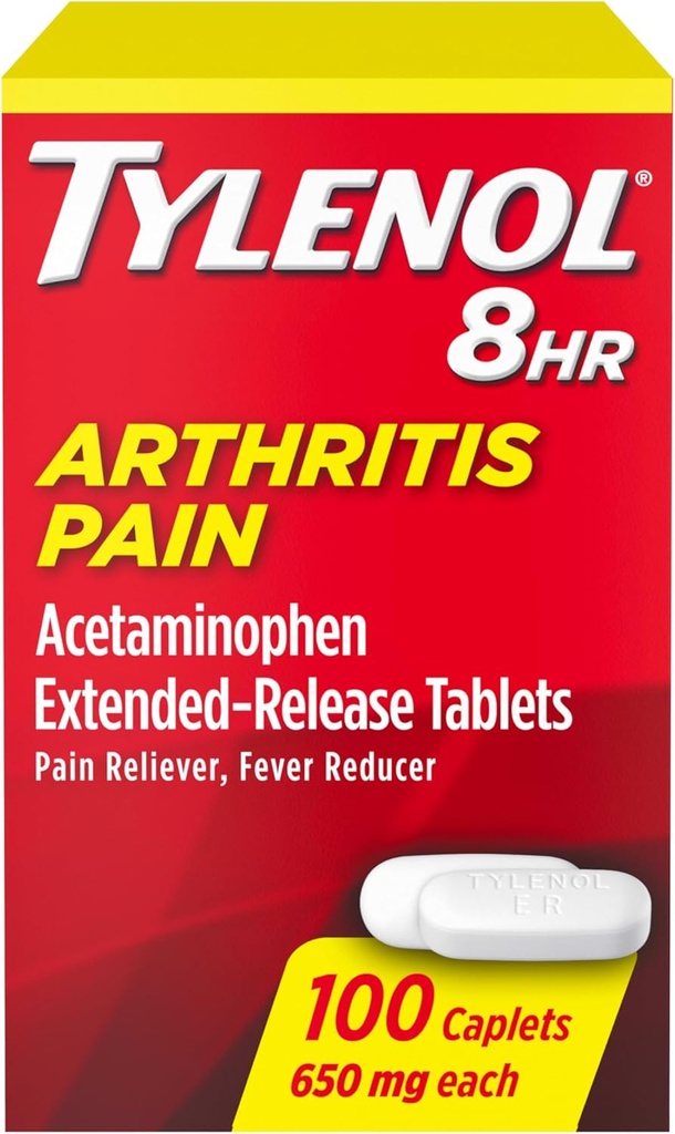 Tylenol 8HR Arthritis Pain Relief Caplets, 650 mg Acetaminophen for Minor Arthritis & Ortak Ağrı, Ateş Tanımları, Genişletilmiş Yayın, Stomach'ta Nazi, 100 ct